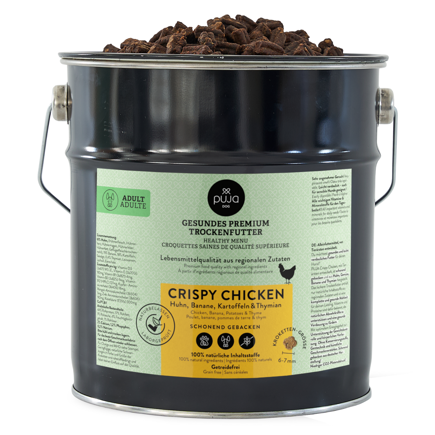 Premium Trockenfutter Crispy Chicken für Hunde 1,5kg - mit Huhn, Banane, Kartoffeln & Thymian im praktischen Vorratseimer