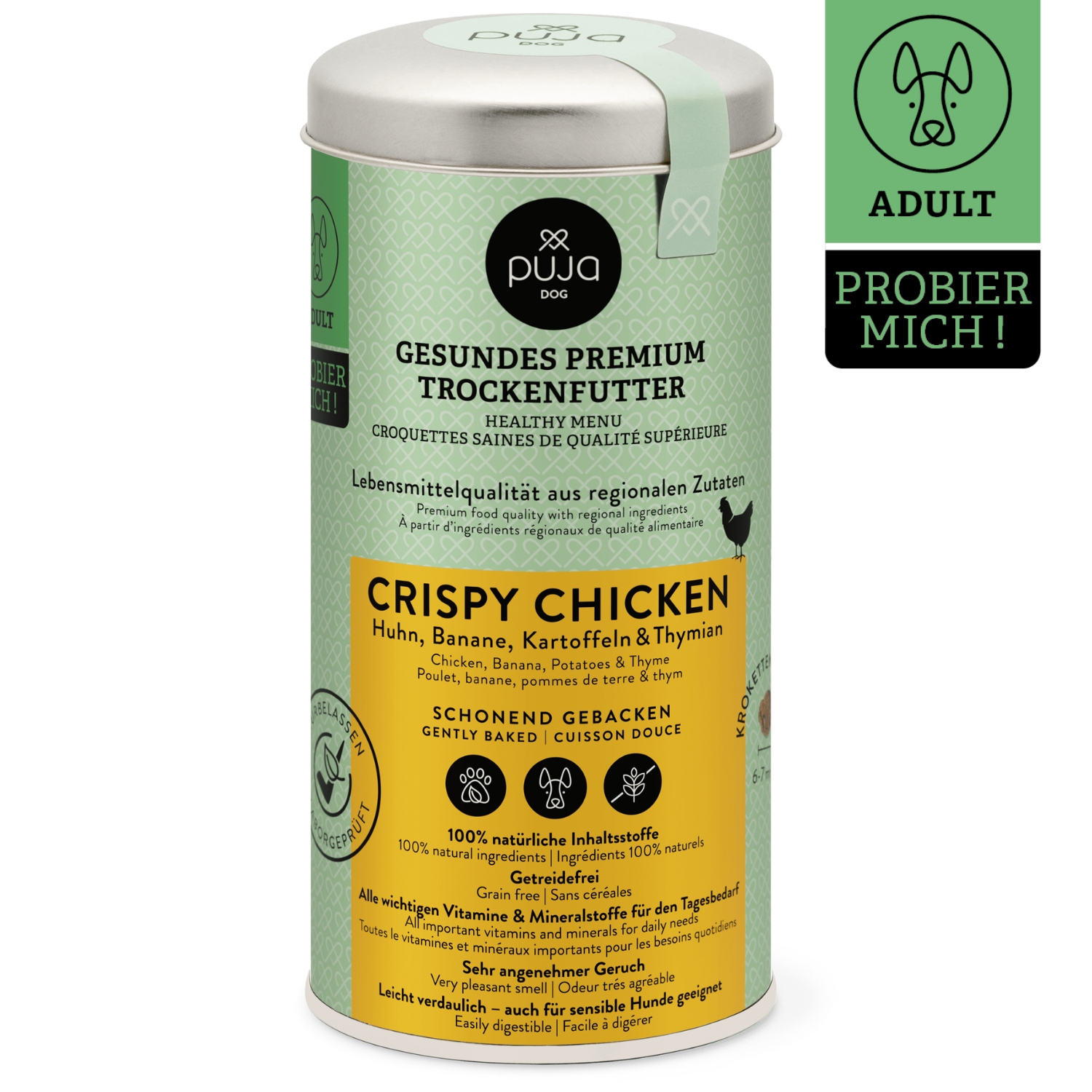 Probiergröße Trockenfutter Crispy Chicken für Hunde - mit viel Huhn, Banane, Kartoffeln & Thymian – hochbekömmlich und perfekt zum Testen 275g