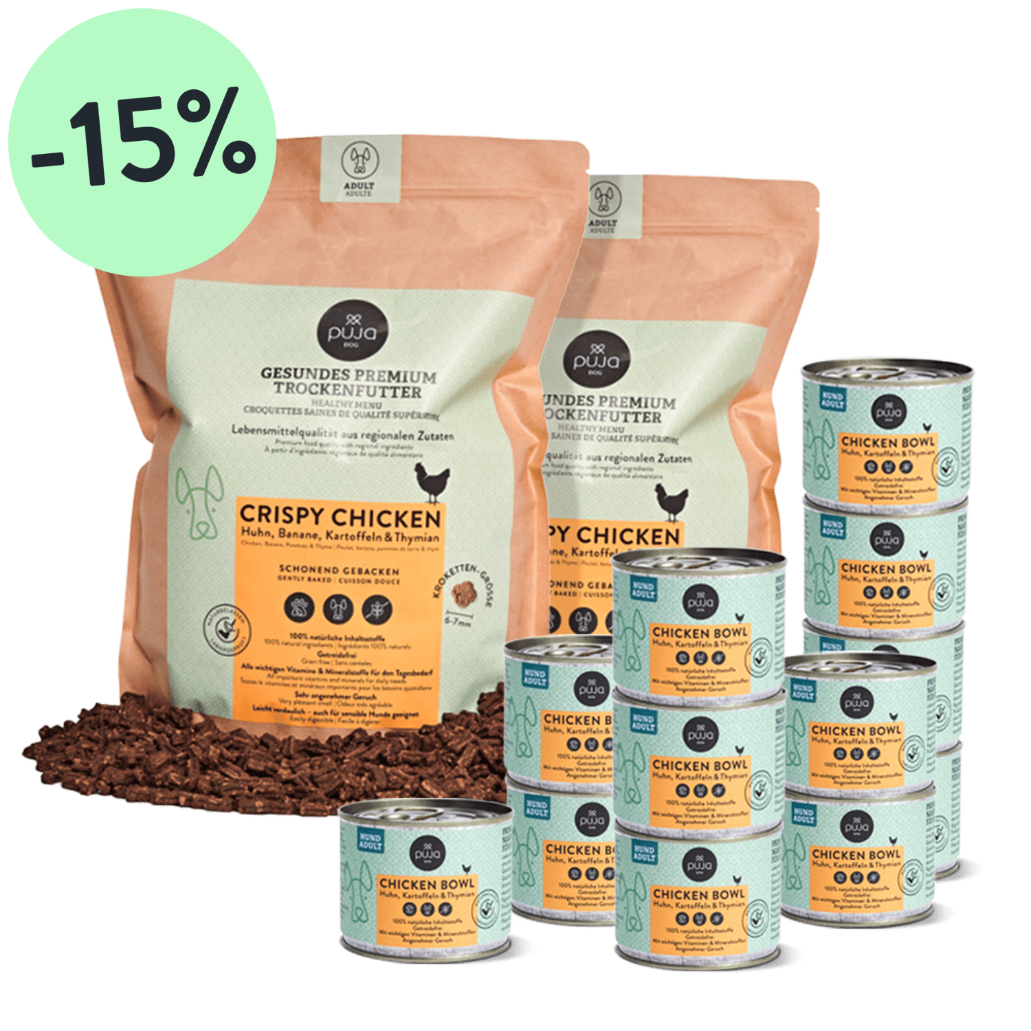 Genuss–Paket - der Mega Spar Monatsvorrat: 2x 2,5kg Premium Trockenfutter & 12x 200g Premium Nassfutter